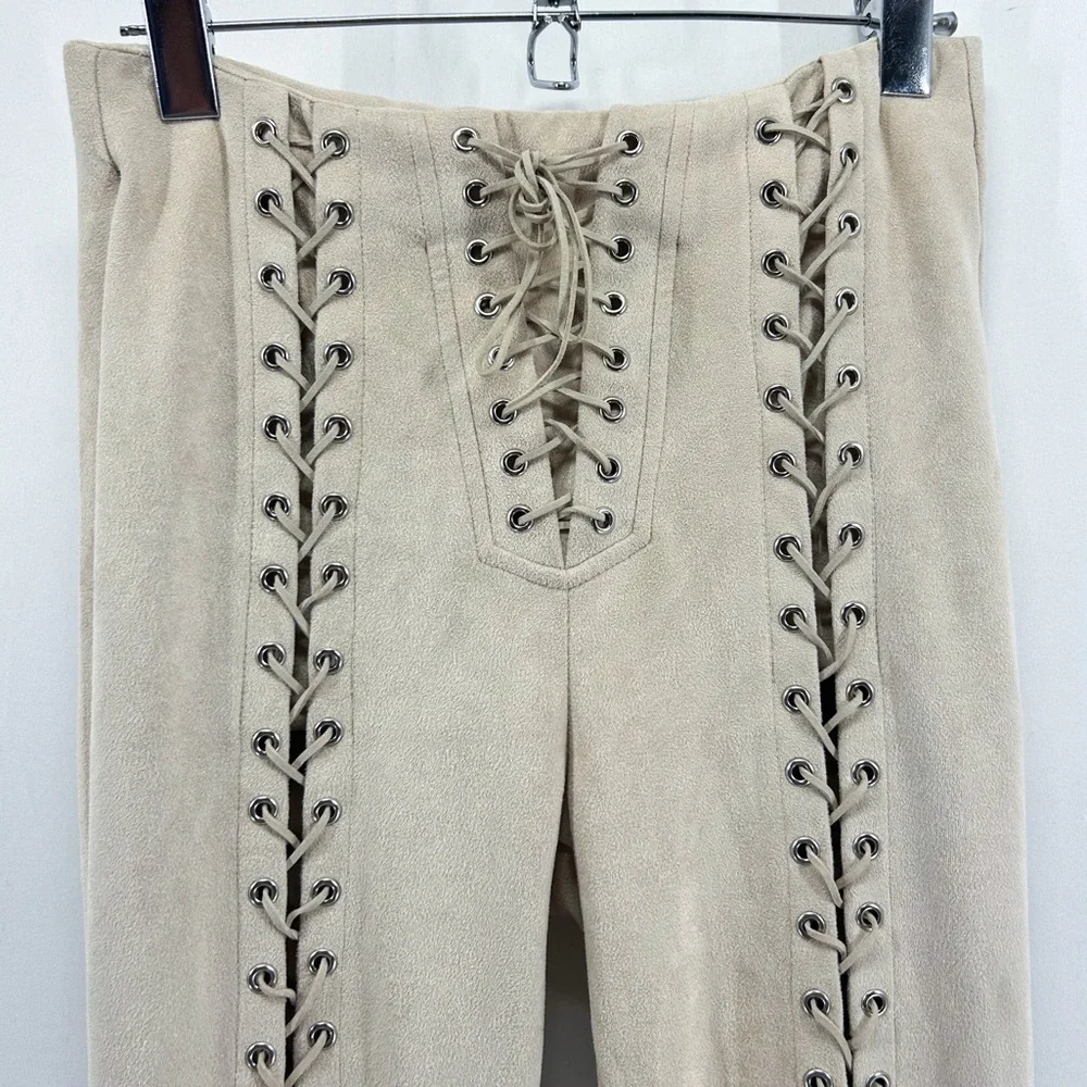 Manière De Voir Beige Faux Suede Lace Up Front Eyelet High Rise Leggings Pants - Picture 2 of 7